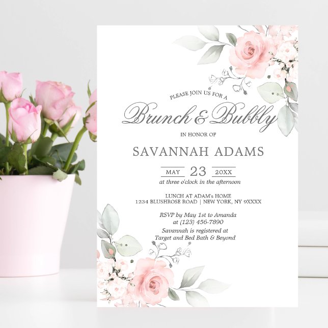 BRUNCH & BUBBLY Watercolor Pink Rose Budget Bridal Invitation (Creator Uploaded)