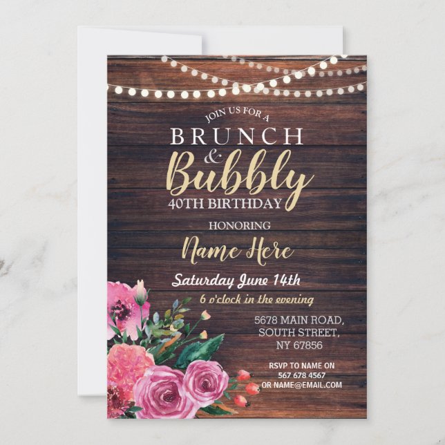 Brunch & Bubbly Wood Floral Pink Flowers Lights Invitation (Front)