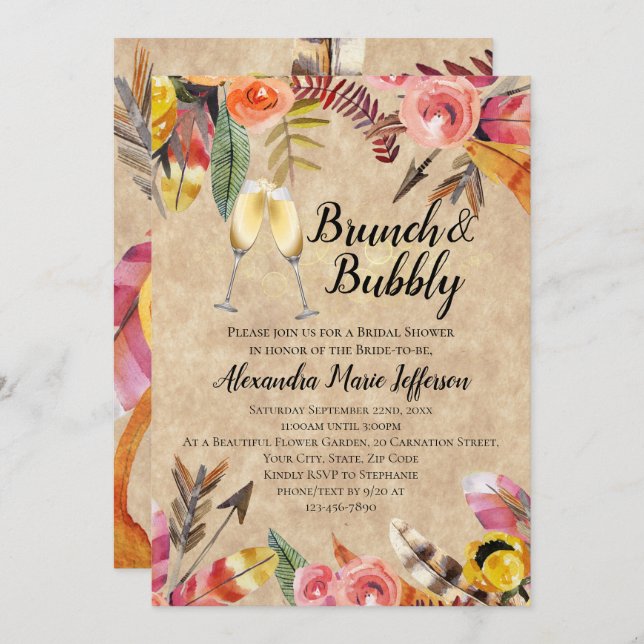 Brunch Bubby Feather Arrow Flowers Bridal Shower Invitation (Front/Back)