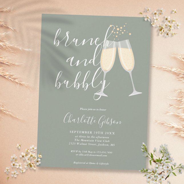 Brunch Bulles Script Invitation de Mariage Vert Sa (Brunch Bubbly Script Bridal Shower Sage Green Invitation)