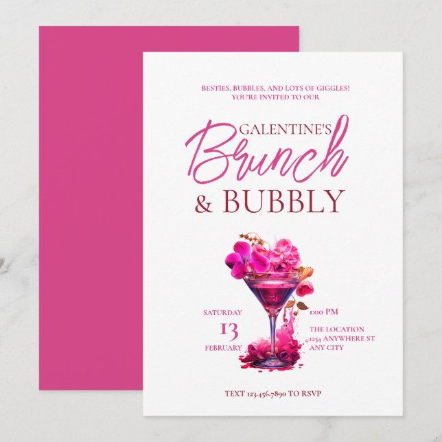 Brunch de Galentine et Bubbly Invitation (Devant / Derrière)