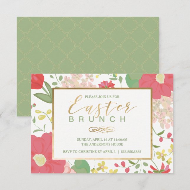 Brunch de Pâques, invitation florale d'or de (Devant / Derrière)