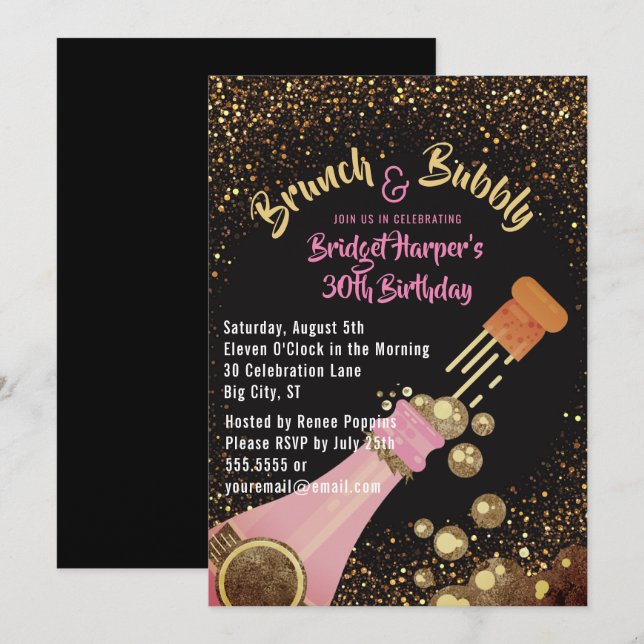 Brunch et Bubbly Champagne Invitation d'anniversai (Devant / Derrière)