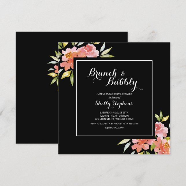 Brunch floral chic et invitations noires bulles (Devant / Derrière)