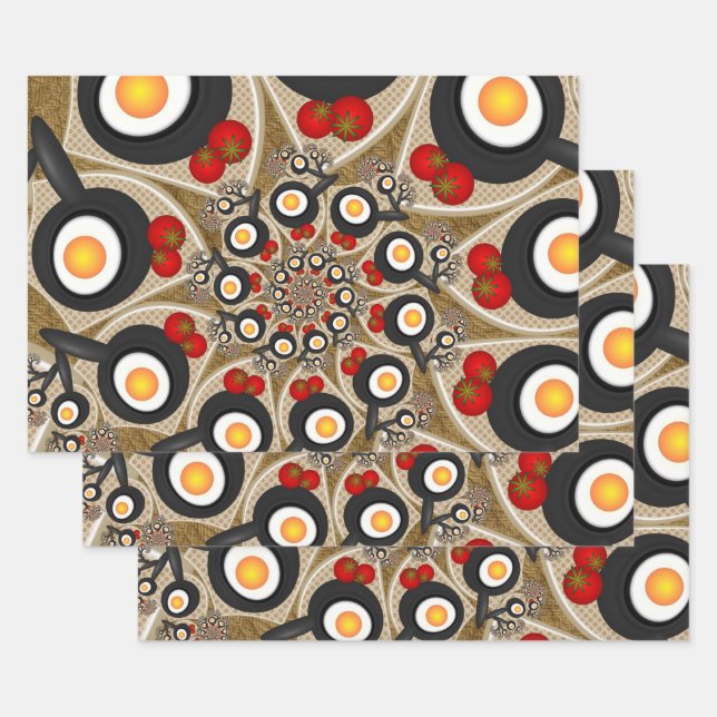 Brunch Fractal Art Funny Food, Tomatoes, Eggs Wrapping Paper Sheet (Set)