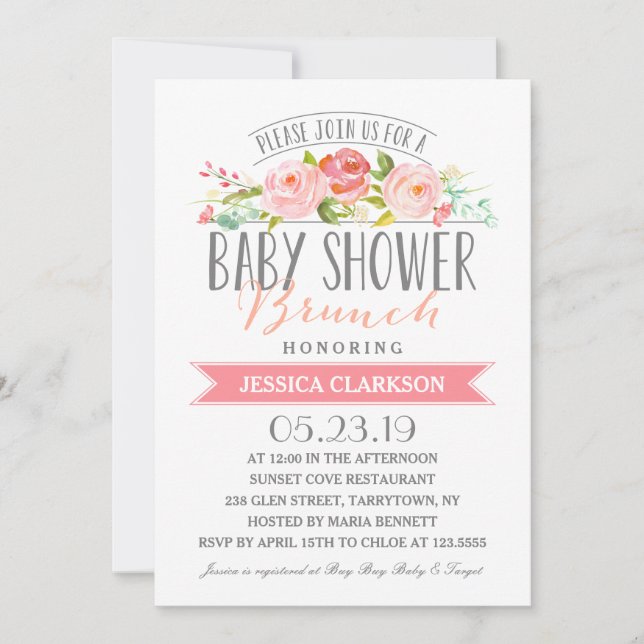 Brunch sur la bannière Rose| Invitation Baby showe (Devant)