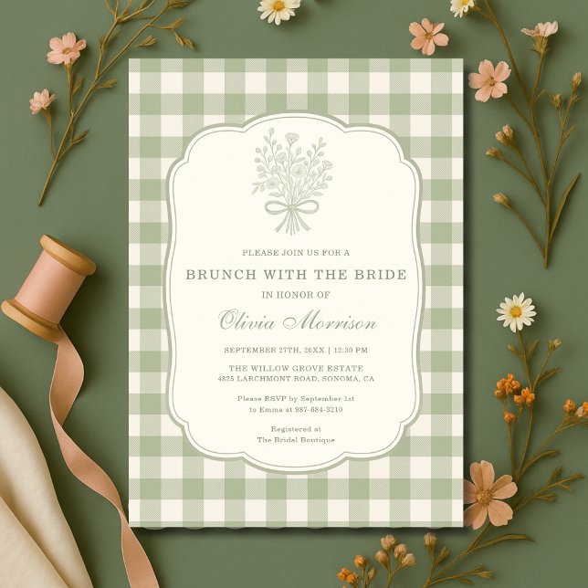 Brunch with the Bride Sage Green Gingham Shower  Invitation (Creator Uploaded)