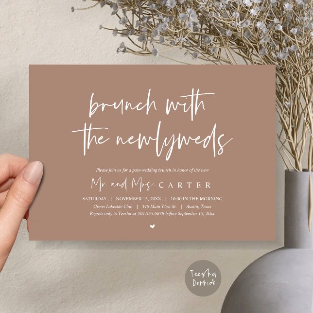 Brunch with the newlyweds, post wedding, in Taupe Invitation (Brunch with the newlyweds, post wedding elopement invitation card, pdf, in warm taupe)