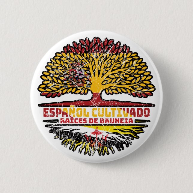 Brunei Bruneian Spanish Spain Tree Roots Flag 2 Inch Round Button (Front)