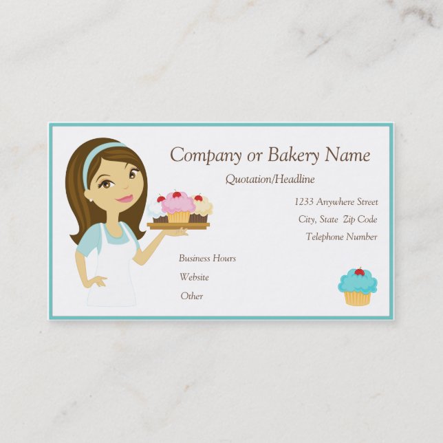 Brunette/Aqua Cupcake Baker/Bakery 2 Carte de visi (Devant)