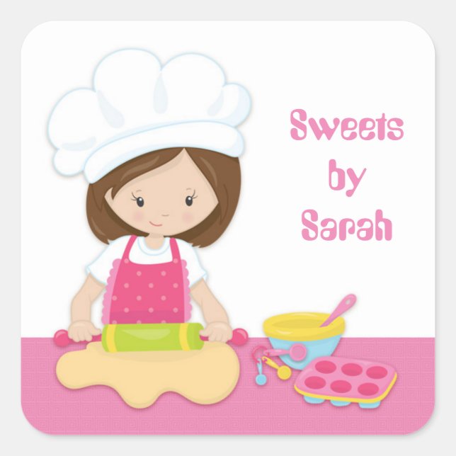Brunette Baker, Chef Hat, Pink Square Sticker (Front)