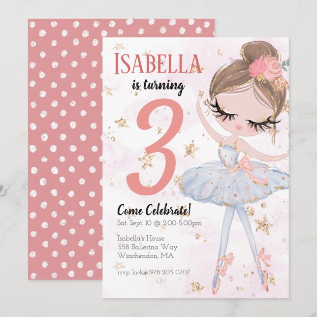 Brunette Ballerina Invitation de fête d'anniversai (Devant / Derrière)