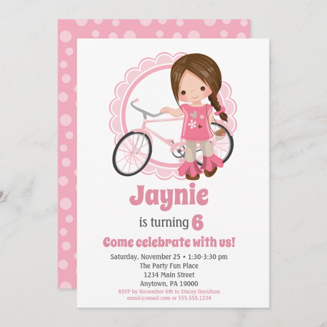 Brunette Bicycle Girl Birthday Invitation (Front/Back)