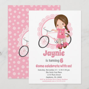 Brunette Bicycle Girl Birthday Invitation