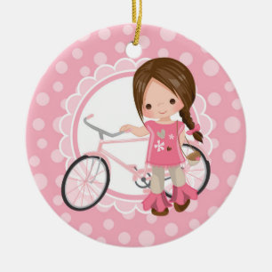 Brunette Bicycle Girl - Pink White Ceramic Ornament