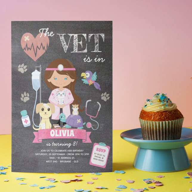 Brunette Blue Eyes Chalkboard Vet Birthday Party Invitation (This girl’s vet birthday invitation is just the right medicine to your celebration!)