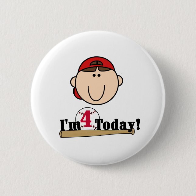Brunette Boy Baseball 4th Birthday 2 Inch Round Button (Front)