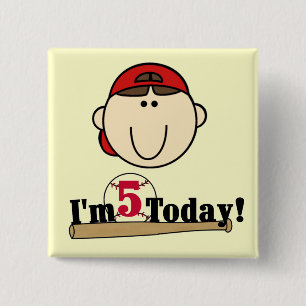 Brunette Boy Baseball 5th Birthday 2 Inch Square Button