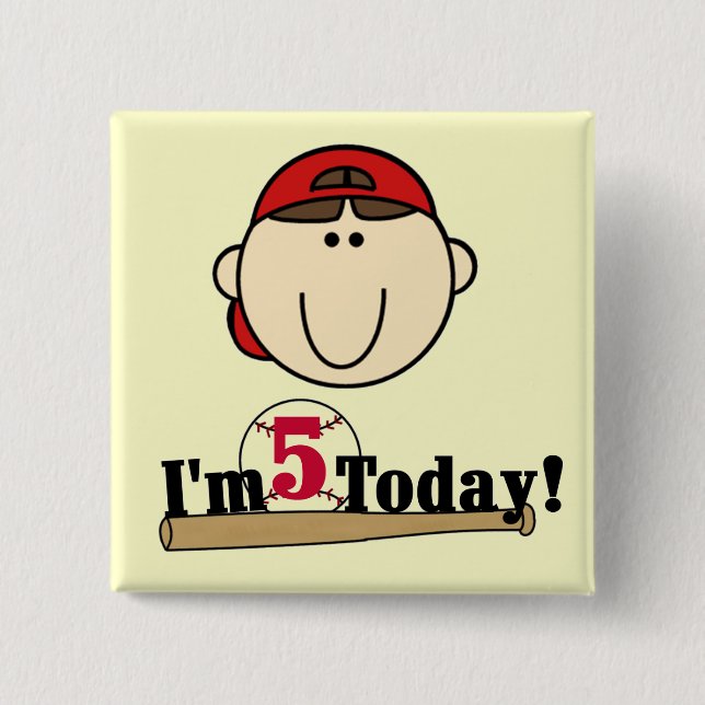 Brunette Boy Baseball 5th Birthday 2 Inch Square Button (Front)
