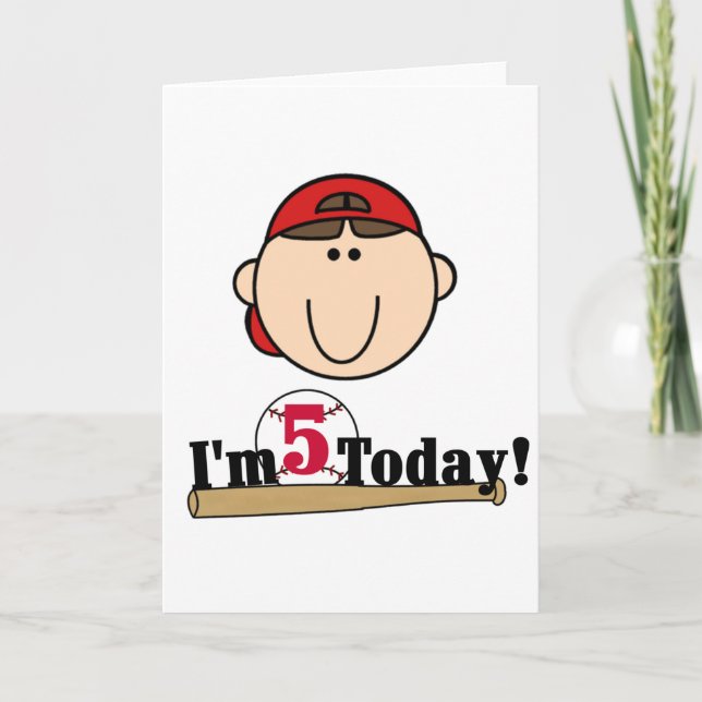 Brunette Boy Baseball 5th Birthday Card (Front)