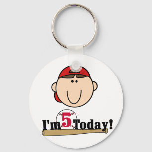Brunette Boy Baseball 5th Birthday Keychain