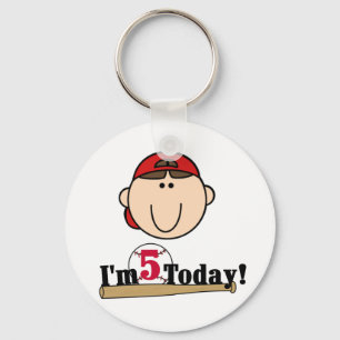Brunette Boy Baseball 5th Birthday Keychain