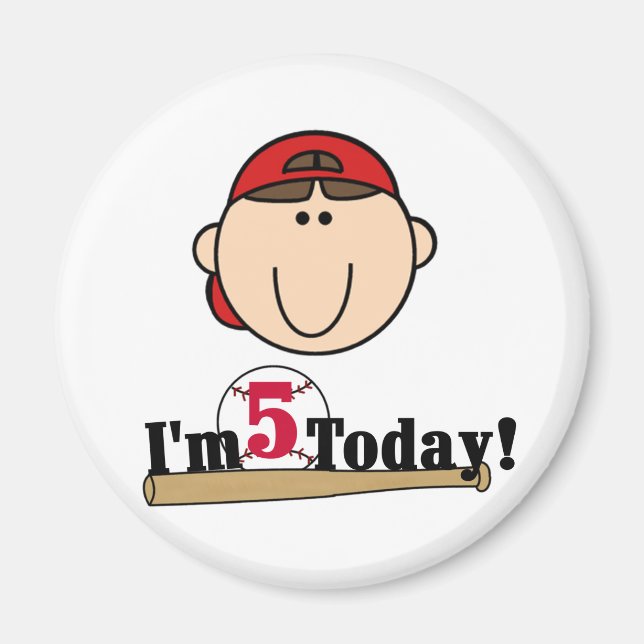 Brunette Boy Baseball 5th Birthday Magnet (Front)