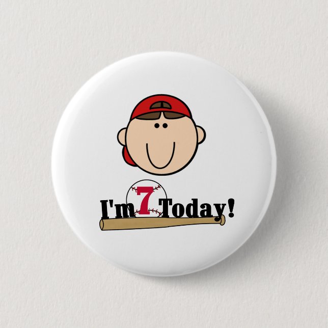 Brunette Boy Baseball 7th Birthday 2 Inch Round Button (Front)