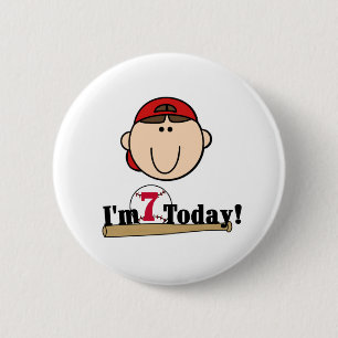Brunette Boy Baseball 7th Birthday 2 Inch Round Button