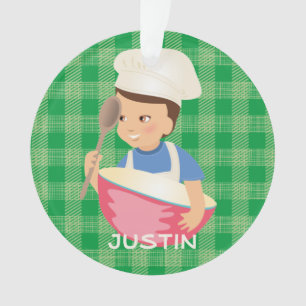 Brunette boy chef hat mixing bowl personalized ornament