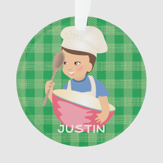 Brunette boy chef hat mixing bowl personalized ornament (Front)