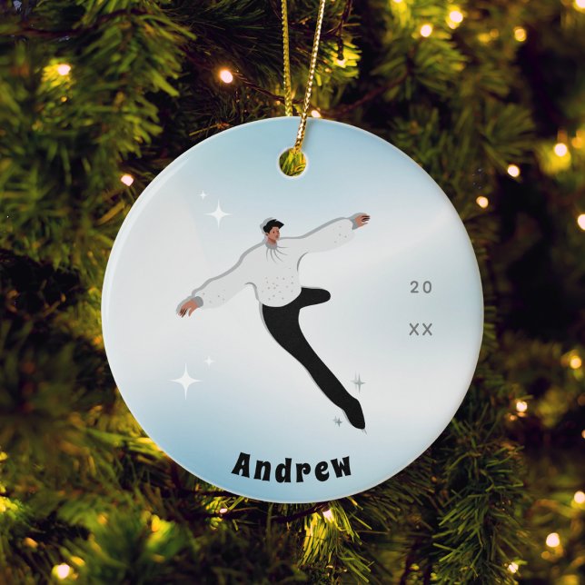 Brunette Boy Figure Ice Skating Kid Name & Year Ceramic Ornament (Creator Uploaded)