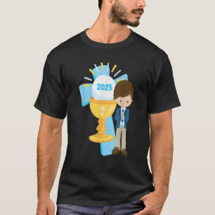Brunette Boy First Communion 2025 Cross Chalice Ro T-Shirt