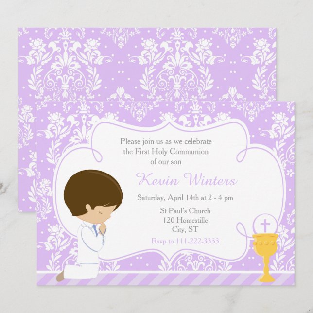 Brunette Boy First Communion Damask Invitation (Front/Back)