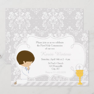 Brunette Boy First Communion Damask Invitation