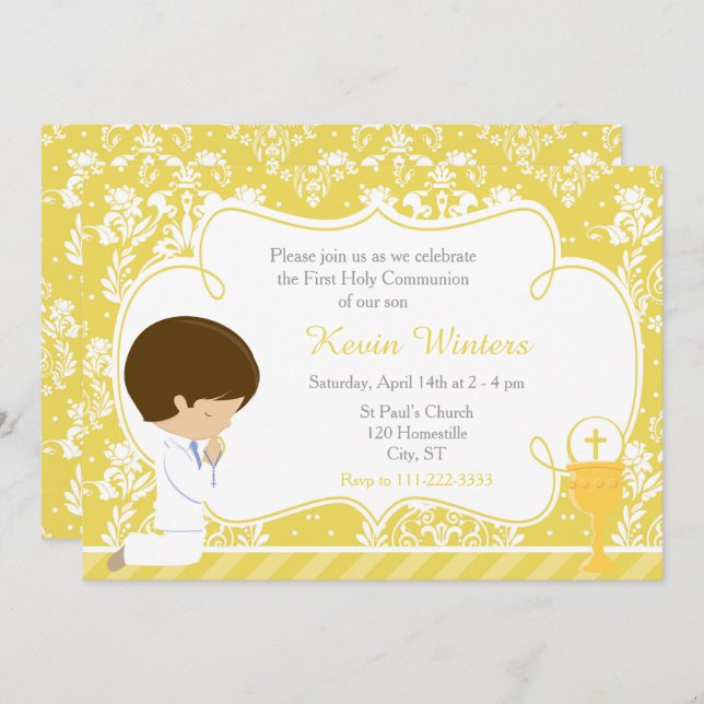Brunette Boy First Communion Damask Invitation (Front/Back)
