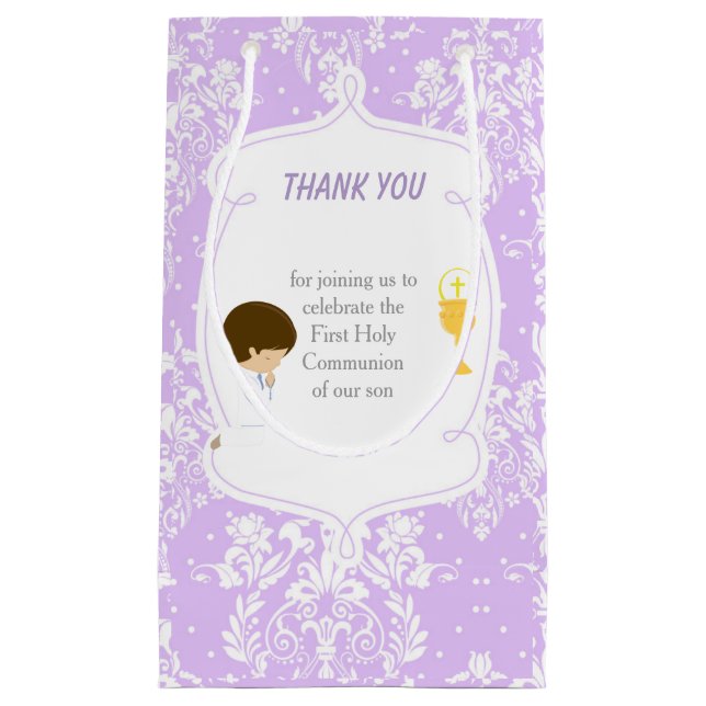 Brunette Boy First Communion Damask Small Gift Bag (Front)