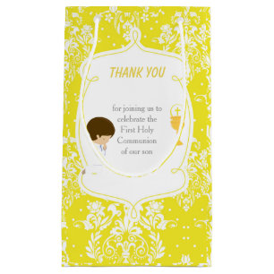 Brunette Boy First Communion Damask Small Gift Bag
