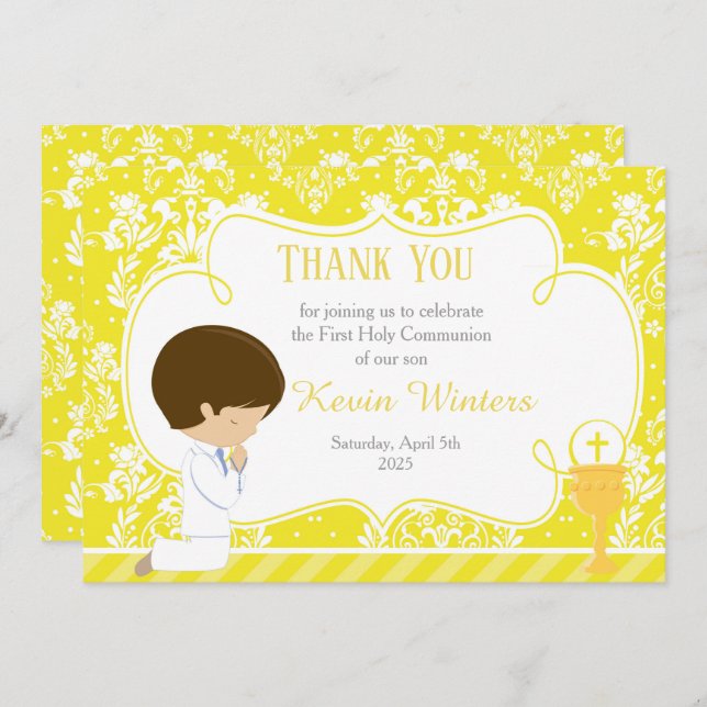 Brunette boy First Communion Damask Thank You Card (Front/Back)