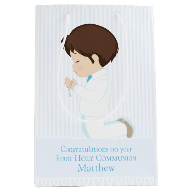 Brunette Boy First Communion Gift Bag (Front)