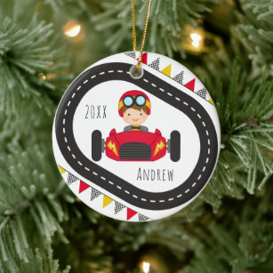 Brunette Boy Kid Racing Red Car & Flags Name Year Ceramic Ornament