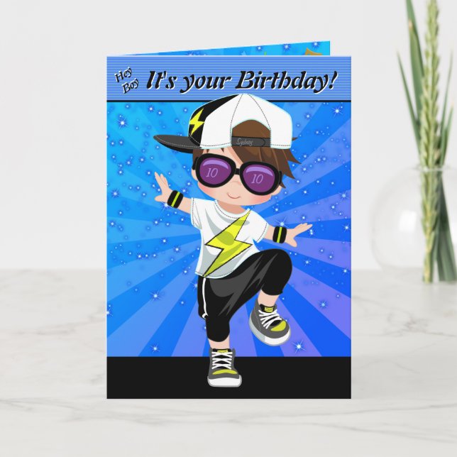 Brunette Boys Hip Hop Happy Birthday Card (Front)