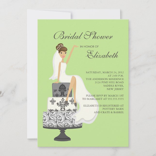 Brunette Bride Bridal Shower Invitation Green Grey (Front)
