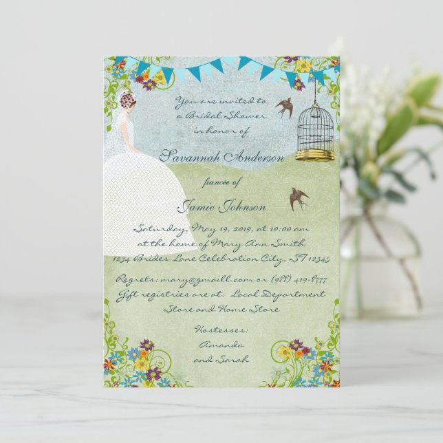 Brunette Bride Bunting Bridal Shower Invitations (Standing Front)
