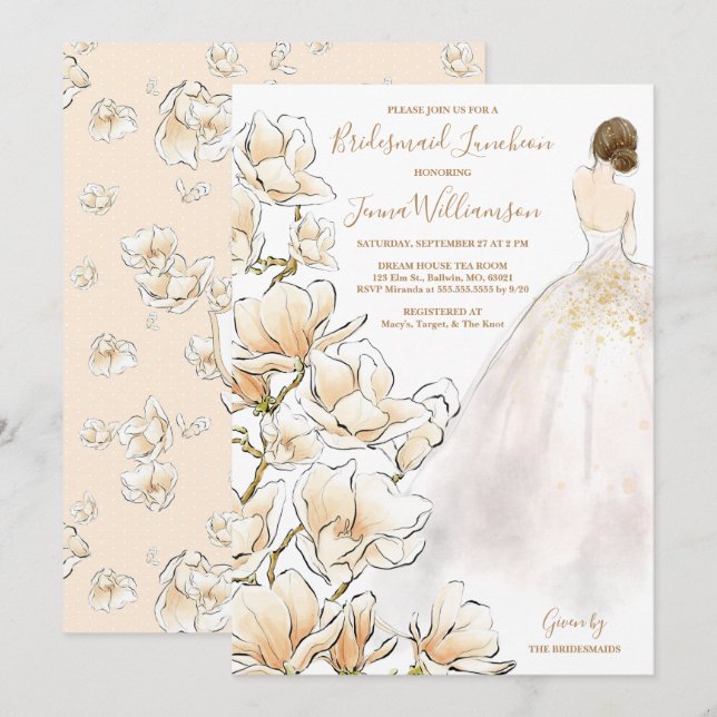 Brunette Bride Magnolia Bridesmaid Luncheon Invitation (Front/Back)