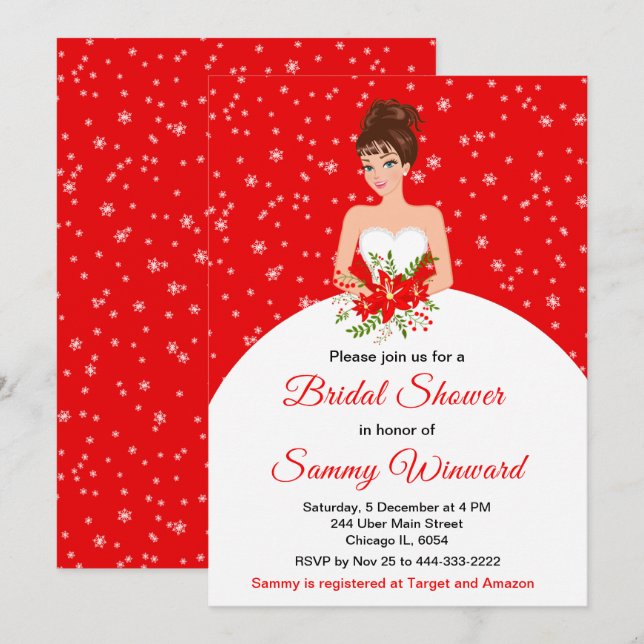 Brunette Bride Snowflake Red Bridal Shower Invitation (Front/Back)