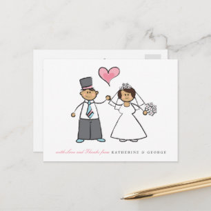 Brunette Cartoon Couple Mr & Mrs Wedding Thank You Postcard