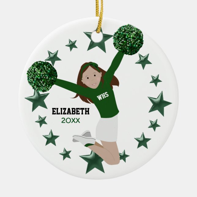 Brunette Cheerleader Pom Poms Green & White Ceramic Ornament (Front)