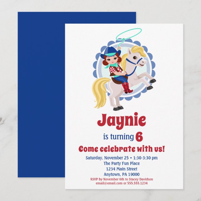 Brunette Cowgirl Horse Rodeo Birthday Party Invitation (Front/Back)