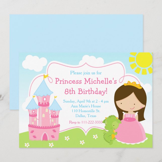 Brunette Cute Princess and Dragon Birthday Party Invitation (Front/Back)